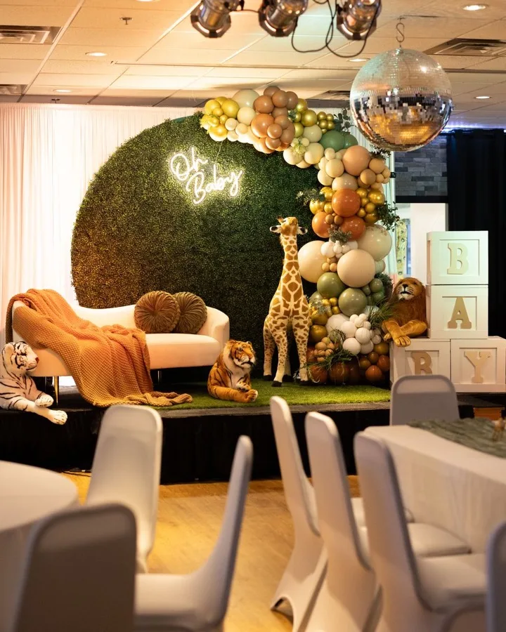 Baby shower setup with a disco ball in a Players function room