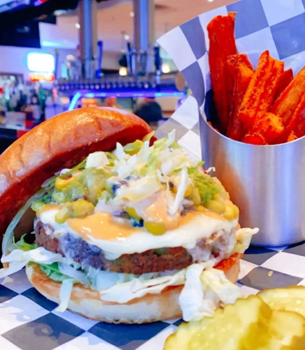 Players Burger with sweet potato fries